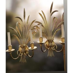 Pair Of Gilded Wooden Wheat-ear Wall Sconces