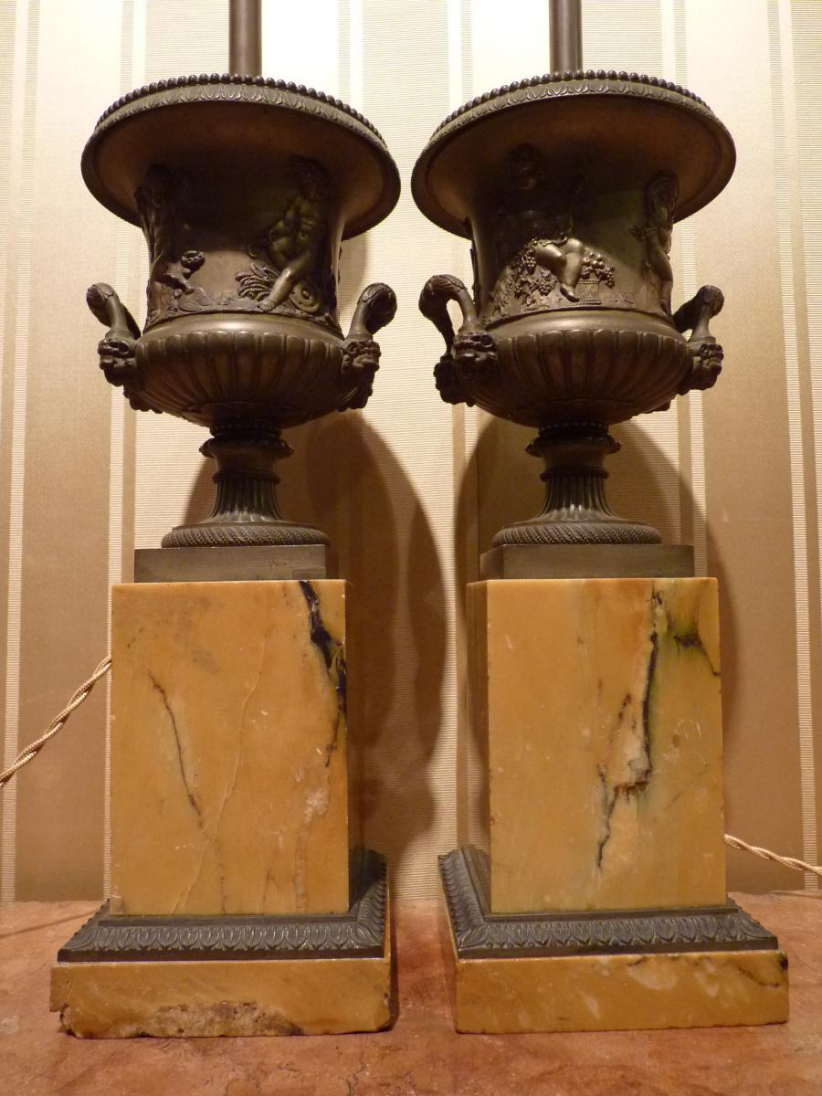 Paire De Vases Médicis, époque Restauration, Montés En Lampe-photo-2