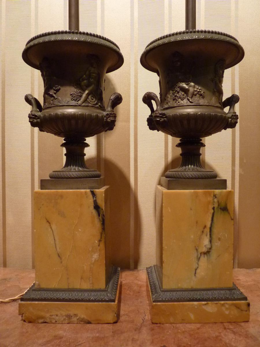 Paire De Vases Médicis, époque Restauration, Montés En Lampe-photo-2