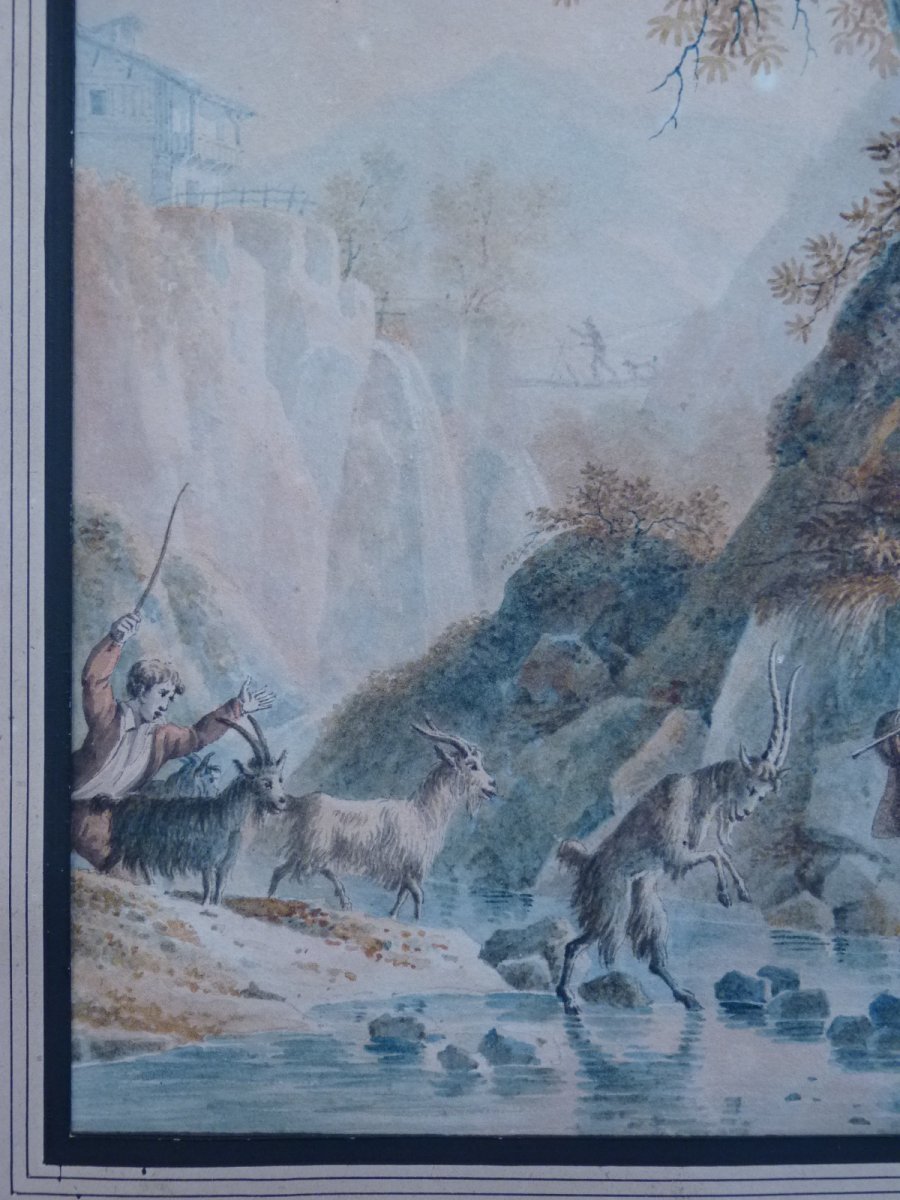 Monk Attacked By Goats, Watercolor Early 19th Century-photo-3