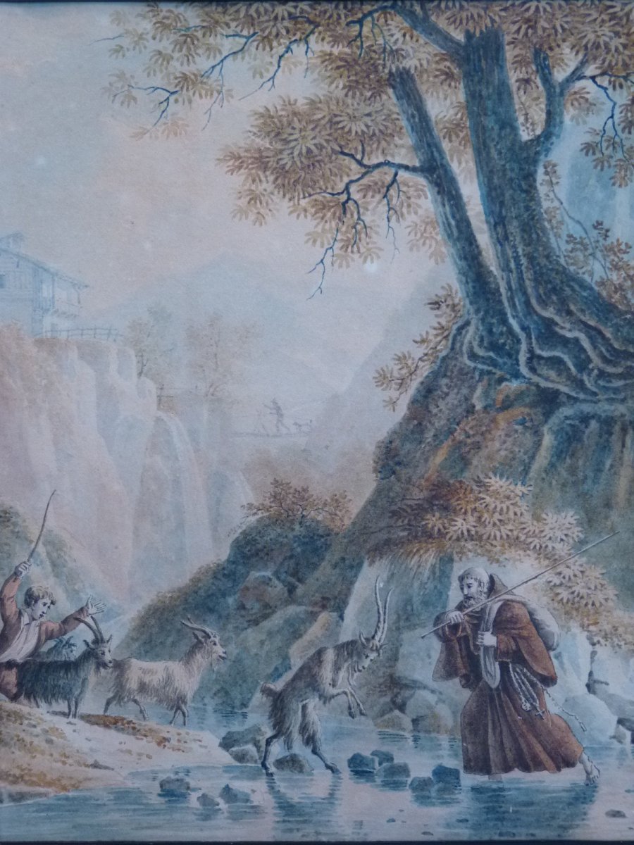 Monk Attacked By Goats, Watercolor Early 19th Century-photo-4