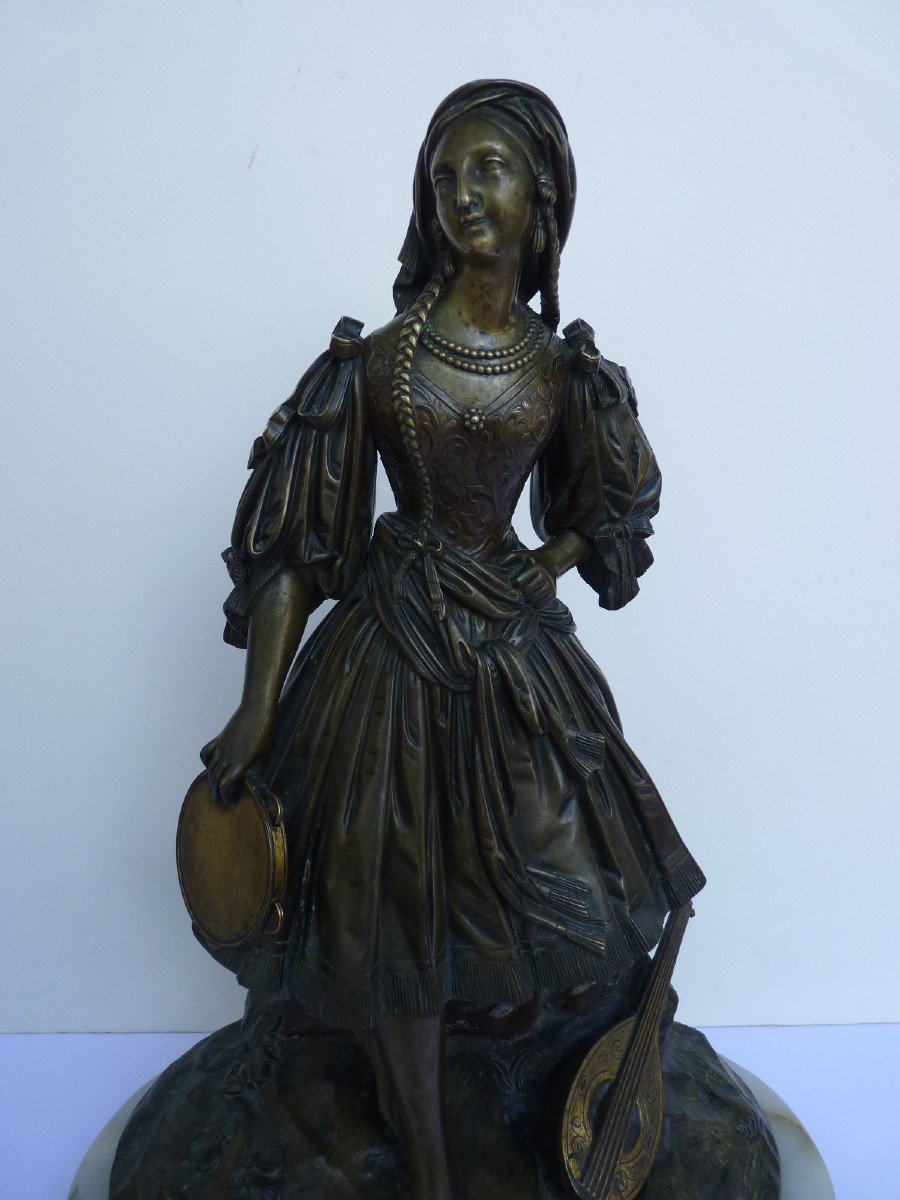 Jeune Femme Romantique au Tambourin, Bronze Attribué à Théodore Gechter, Vers 1830-photo-7