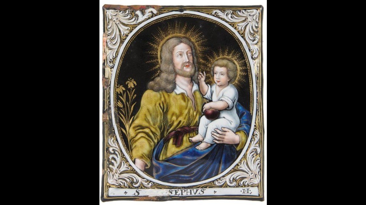 Saint Joseph et l'Enfant Jésus, Email de Limoges, Epoque Louis XIV, Jacques Laudin-photo-2