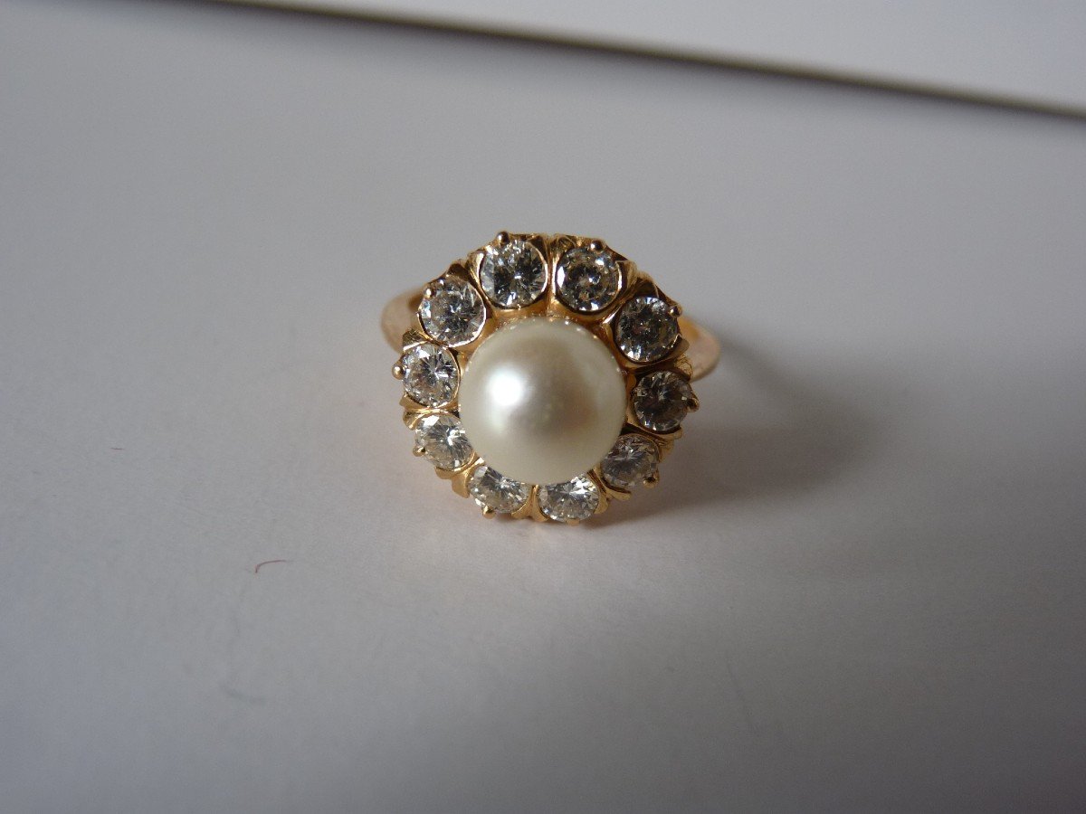 Bague En Or 18 Carats, Perle Et Diamants-photo-3