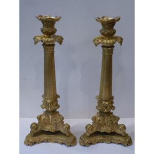 Pair Of Large Romantic Candlesticks, Gilt Bronze, Circa 1830