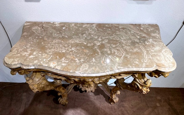 console en bois sculpté et laqué "polenta" à plateau en marbre de Busca-photo-2