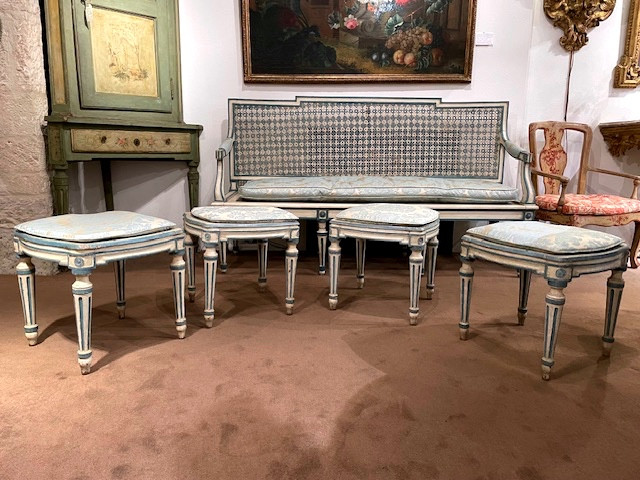 rare ensemble de deux banquettes et quatre tabourets laqués epoque LOUIS XVI TURIN-photo-2