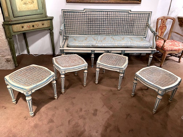 rare ensemble de deux banquettes et quatre tabourets laqués epoque LOUIS XVI TURIN-photo-3