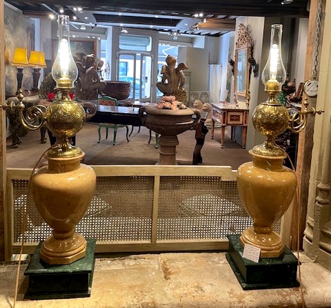 paire monumentale de lampes en bronze doré et marbre de Sienne , Lerolle Frères,Paris,1867