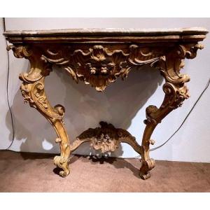 Carved And Lacquered "polenta" Wooden Console With Busca Marble Top