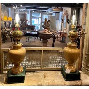 A Monumental Pair Of Lamps Made Of Gilded Bronze And Siena Marble, Lerolle Frères, Paris, 1867