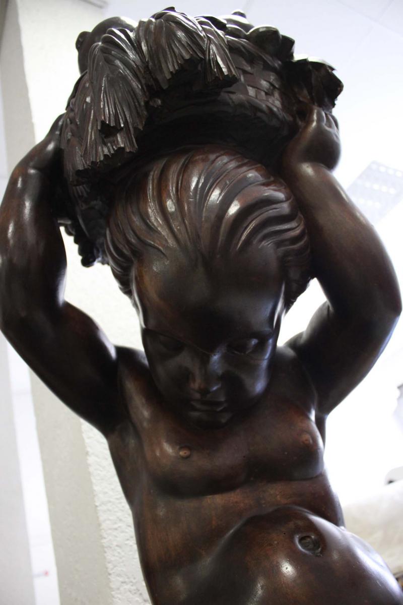Art Deco Large Wooden Sculpture "child And Basket"-photo-4