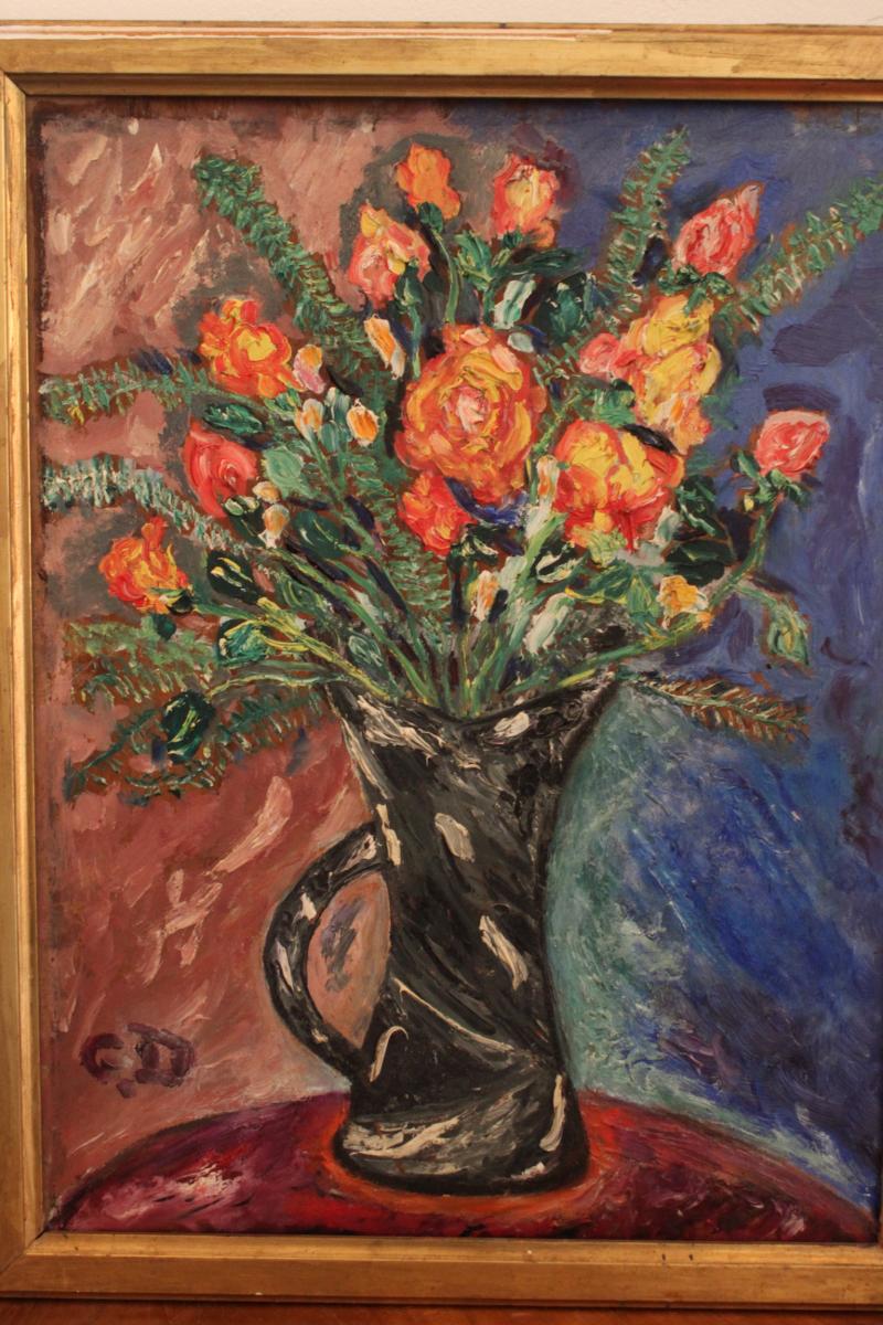 Oil On Panel With Flowers Early XXth-photo-2
