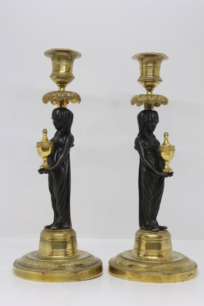 19 Th C. Pair Of Candlesticks Of Egyptian Inspiration-photo-2