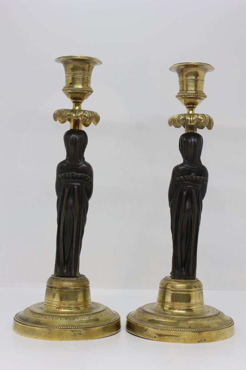 19 Th C. Pair Of Candlesticks Of Egyptian Inspiration-photo-4