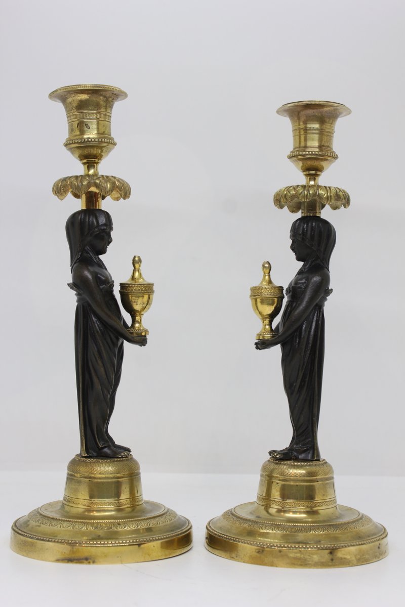 19 Th C. Pair Of Candlesticks Of Egyptian Inspiration-photo-1