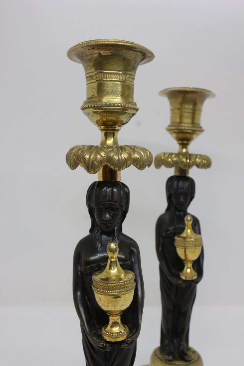 19 Th C. Pair Of Candlesticks Of Egyptian Inspiration-photo-2