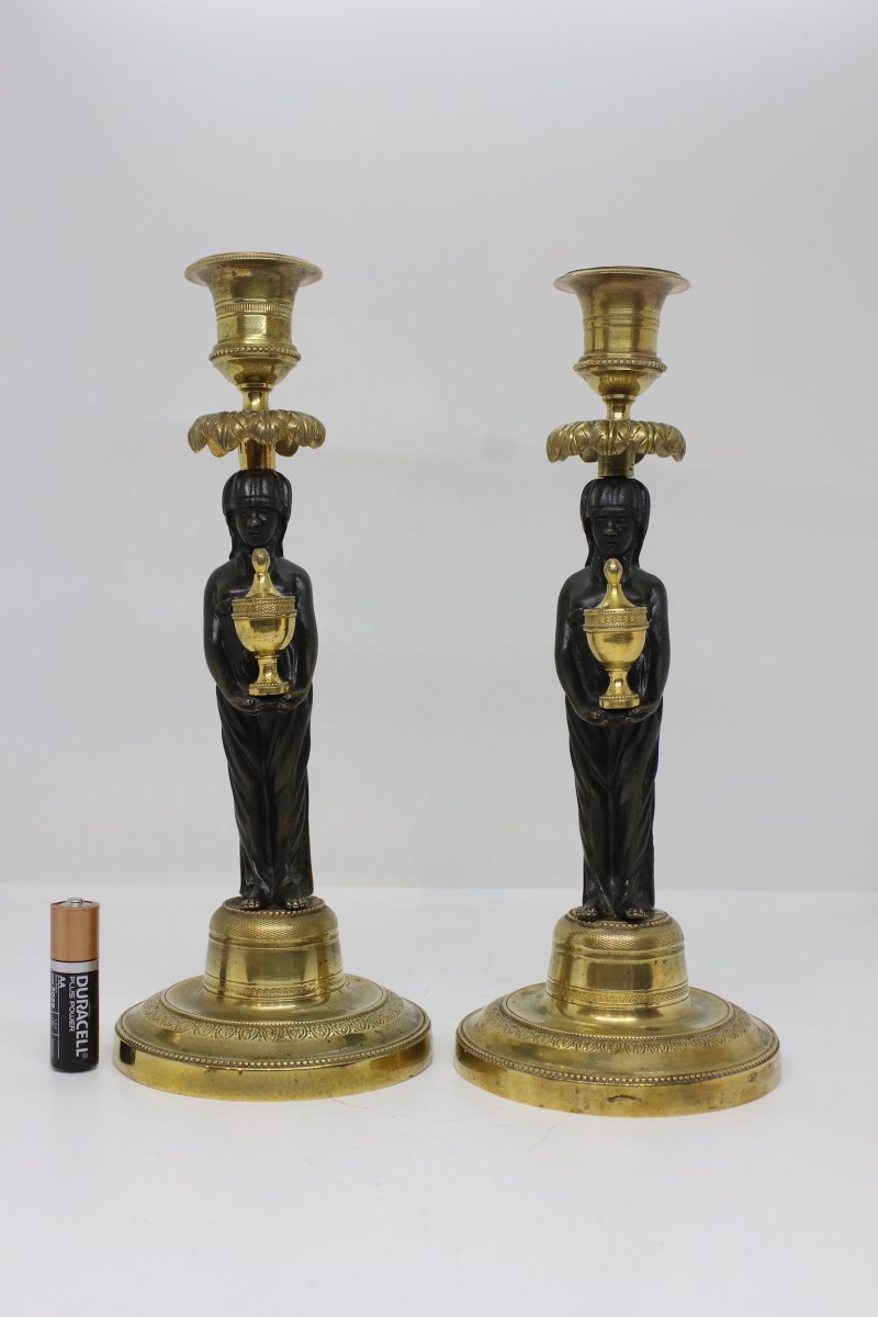 19 Th C. Pair Of Candlesticks Of Egyptian Inspiration-photo-7