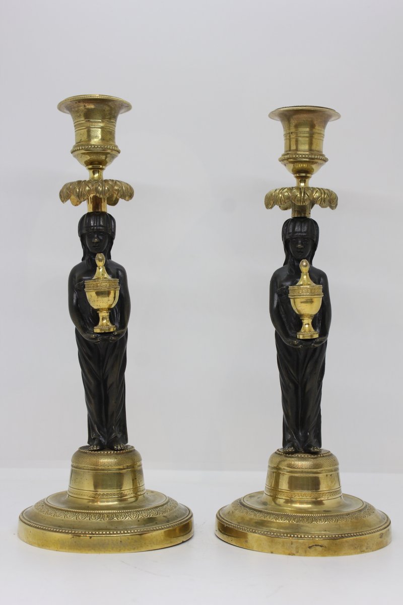 19 Th C. Pair Of Candlesticks Of Egyptian Inspiration