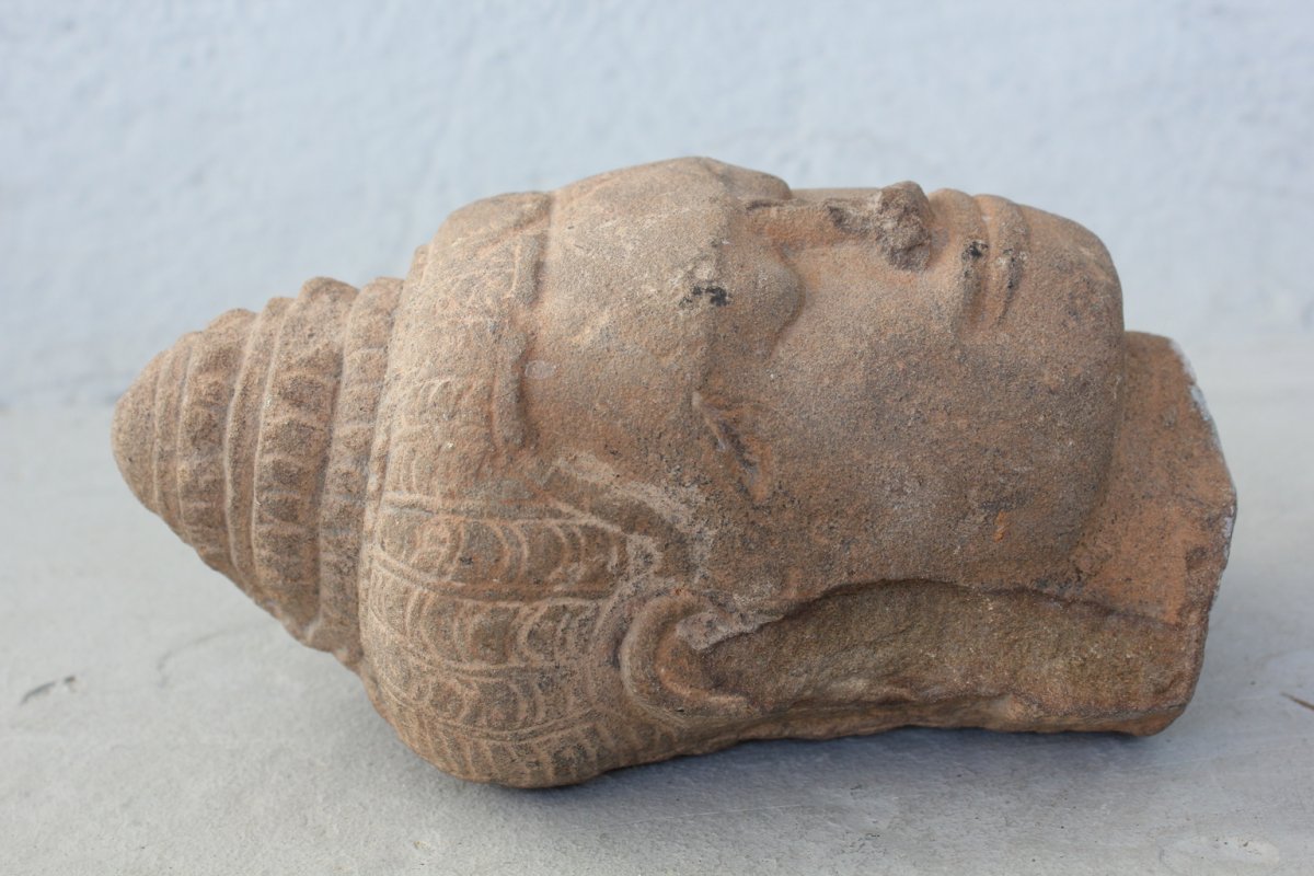 Buddha Head Sculpture In Sandstone  13th Century-photo-6