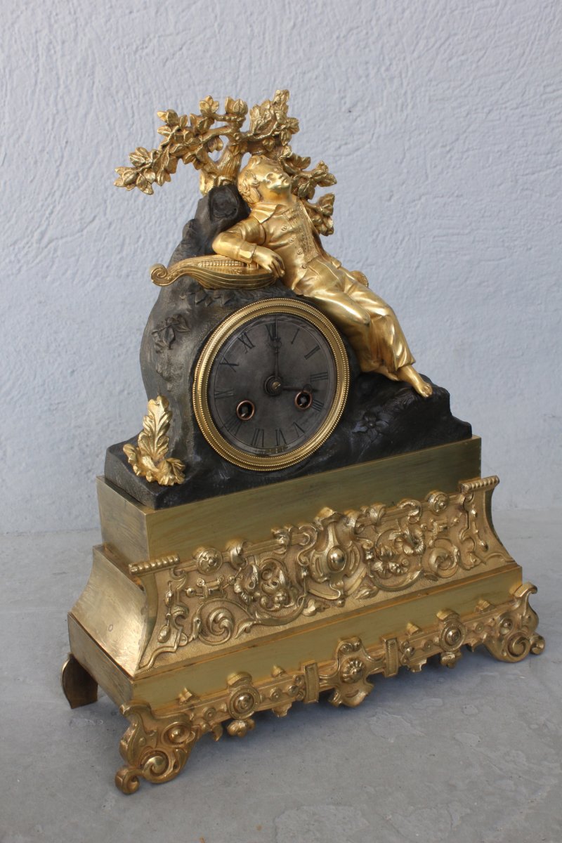 Late 19th Sleeping Violin Player Clock In Gilt Bronze-photo-2