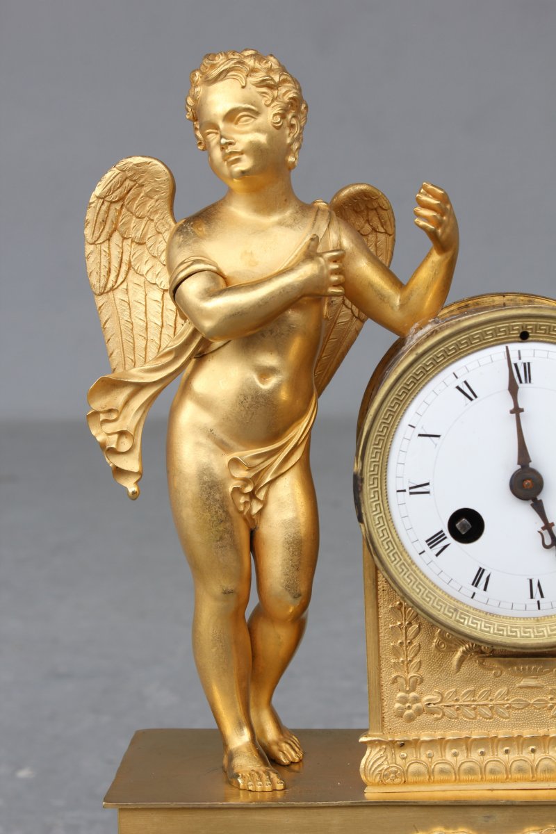 19th C. Gilt Bronze Clock With Angel Decor-photo-2