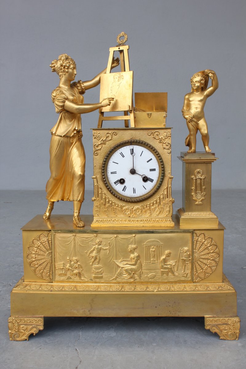 19th C. Gilt Bronze Clock  Allegory Of Painting 