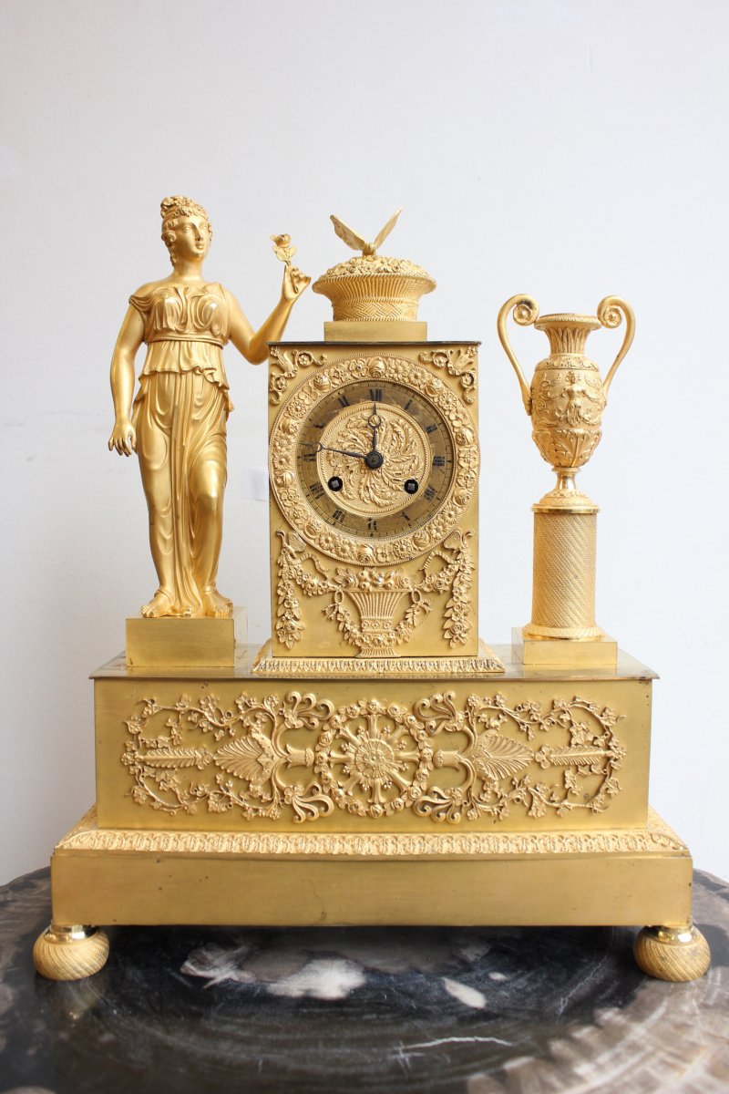 19th C.  Gilt Bronze Clock Woman With Urn And Butterfly