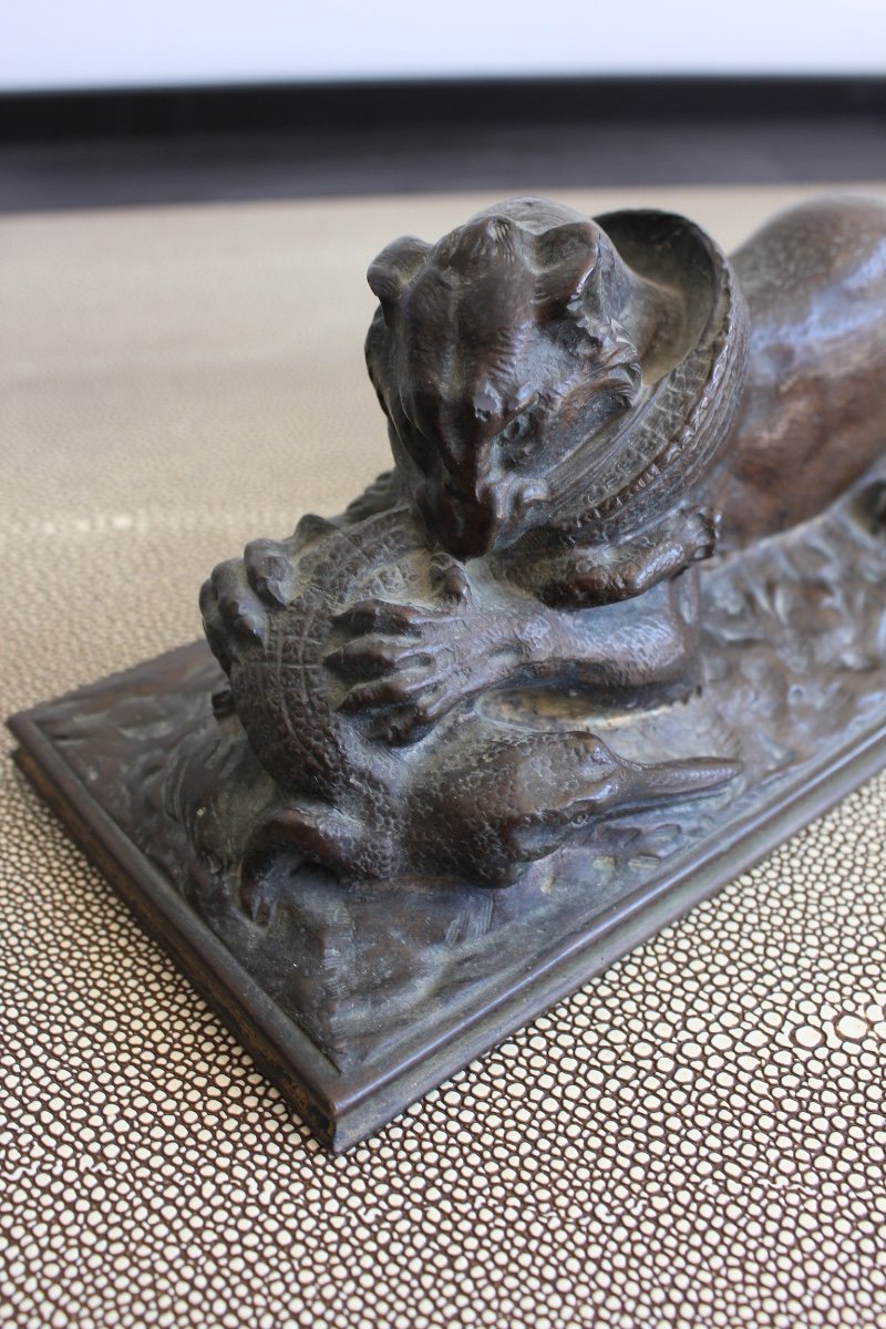 19th C. Tiger And Gavial Bronze Sculpture-photo-4