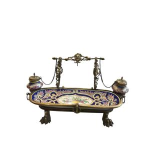 Encrier en bronze et porcelaine