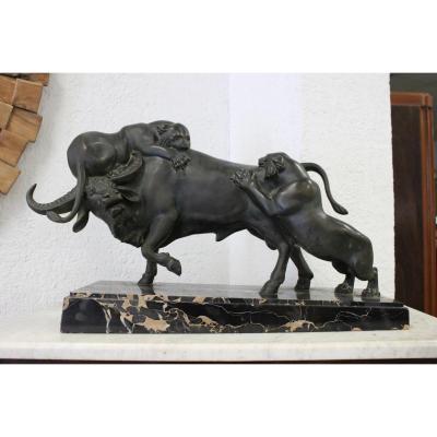 A Buffalo And Tigers Spelter Sculpture By Rochard XXth Century