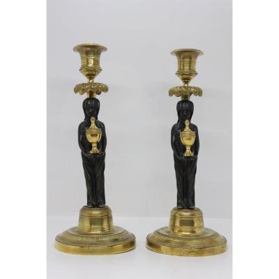 19 Th C. Pair Of Candlesticks Of Egyptian Inspiration