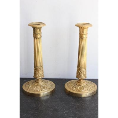 Pair Of Candlesticks In Gilt Bronze XIXth Century