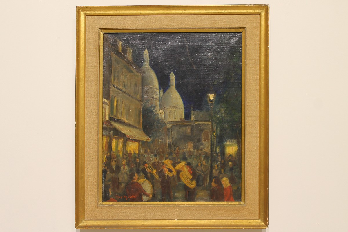 Tableau Paris nocturne Place Du Tertre à Montmartre - Tony Agostini (1916-1990)-photo-2