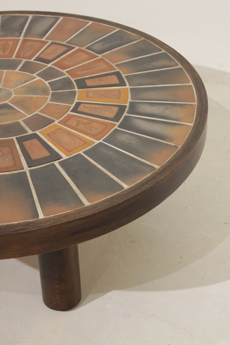 Table basse ronde Roger Capron, Vallauris - céramique et structure en bois -photo-2