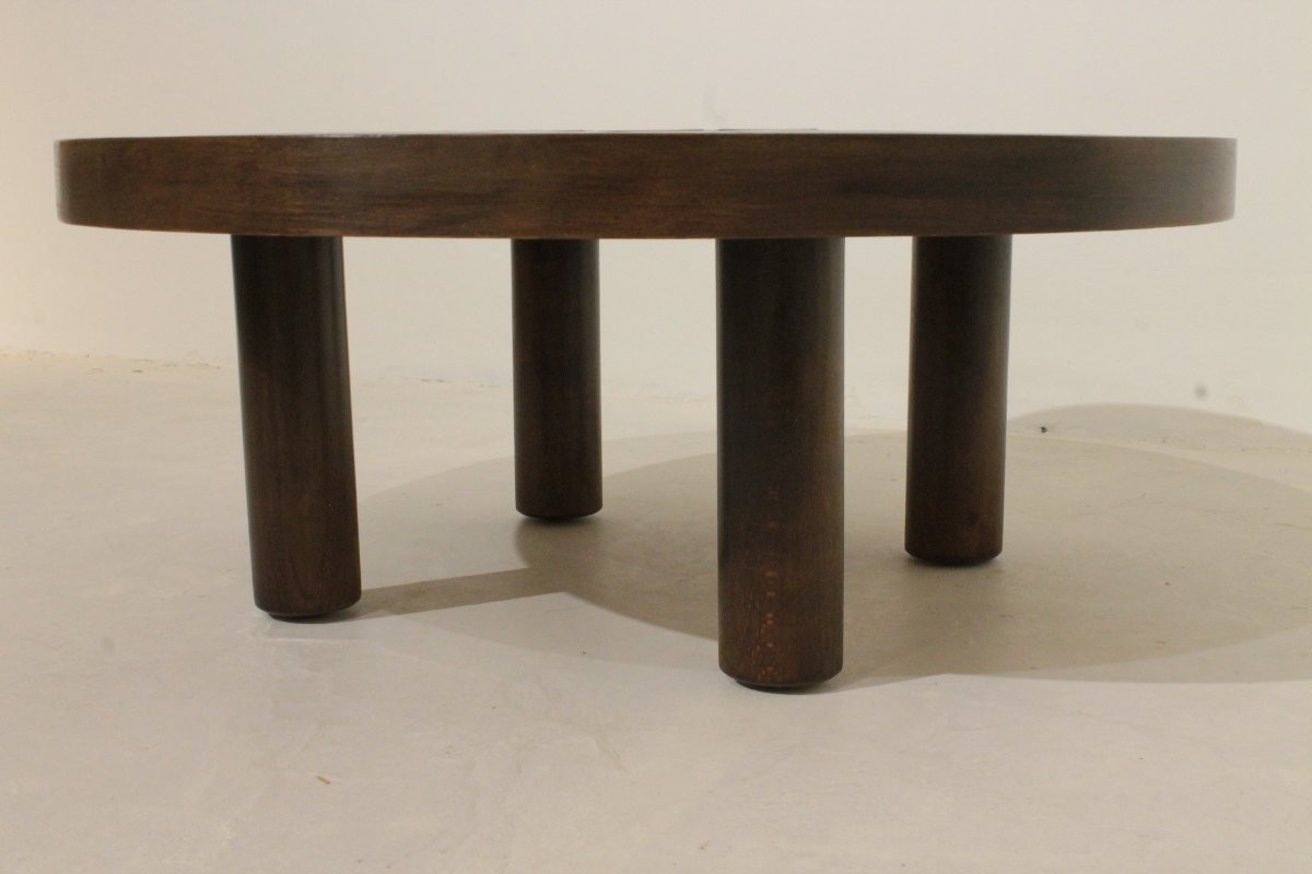 Table basse ronde Roger Capron, Vallauris - céramique et structure en bois -photo-3