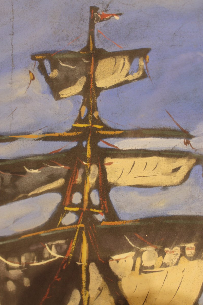 Marine Painting By Jean Guindon - Gouache On Paper-photo-5