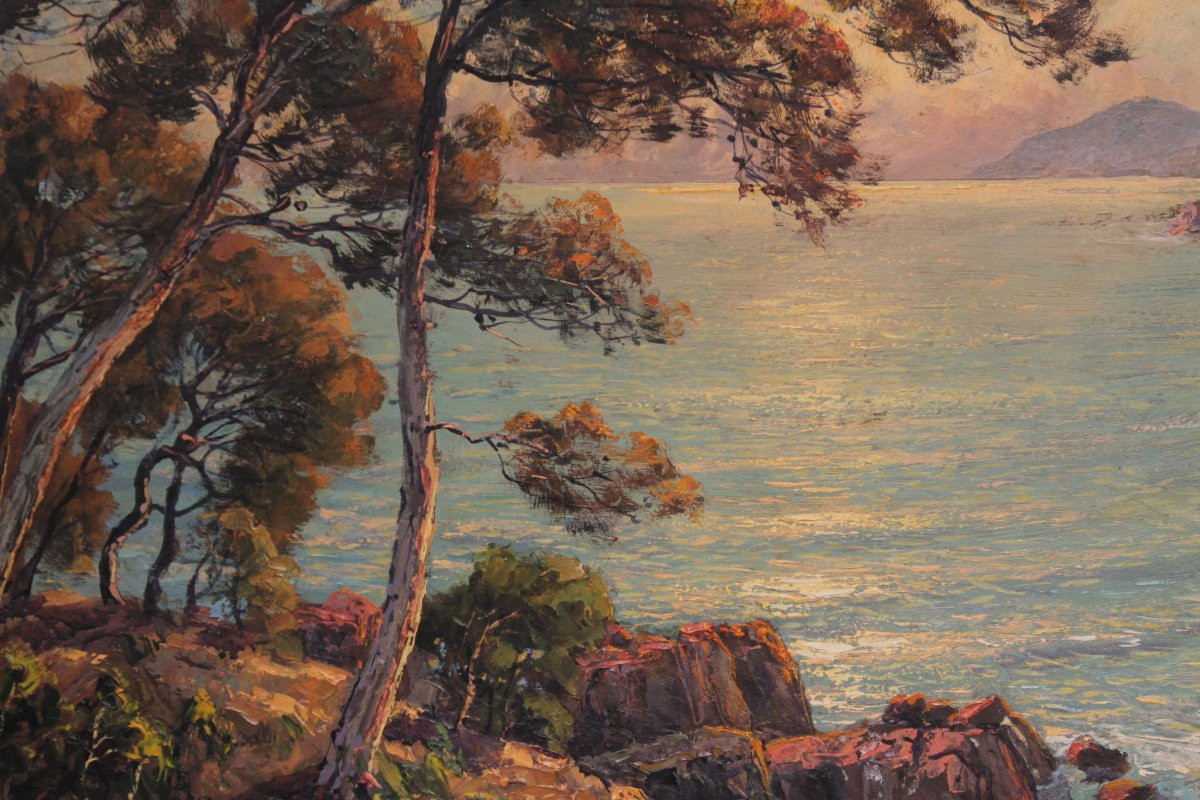 Large Marine Painting By Pierre Forest - French Riviera, 1920s/1930s-photo-1