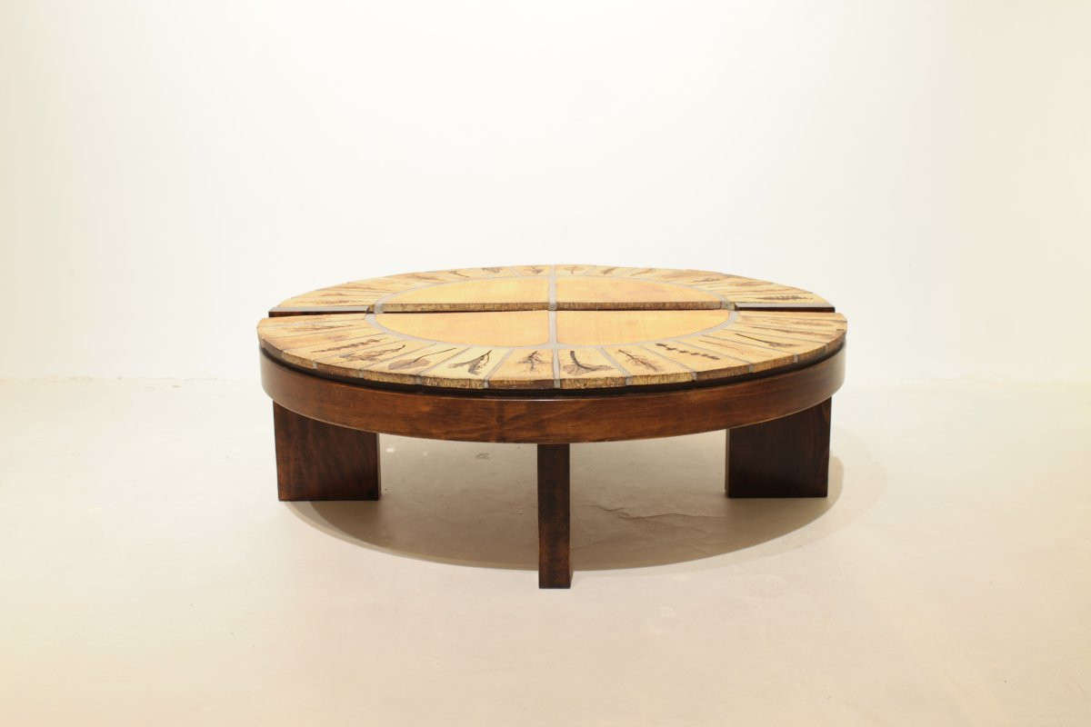 Round Coffee Table With Herbarium By Roger Capron, Vallauris - Ceramic And Wooden Frame-photo-2