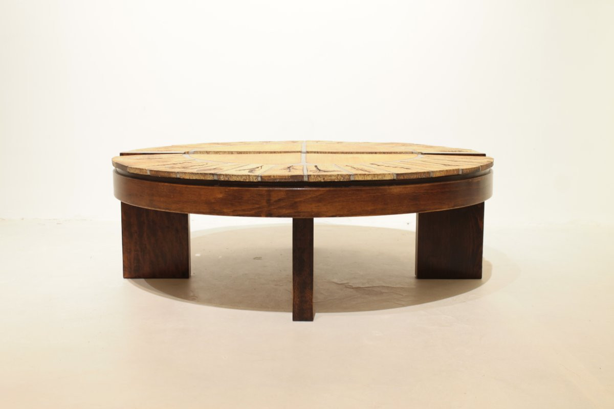 Round Coffee Table With Herbarium By Roger Capron, Vallauris - Ceramic And Wooden Frame-photo-3