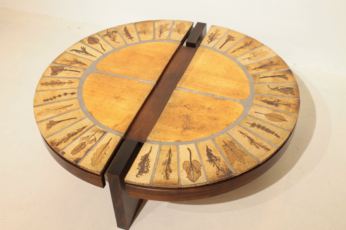Round Coffee Table With Herbarium By Roger Capron, Vallauris - Ceramic And Wooden Frame-photo-4