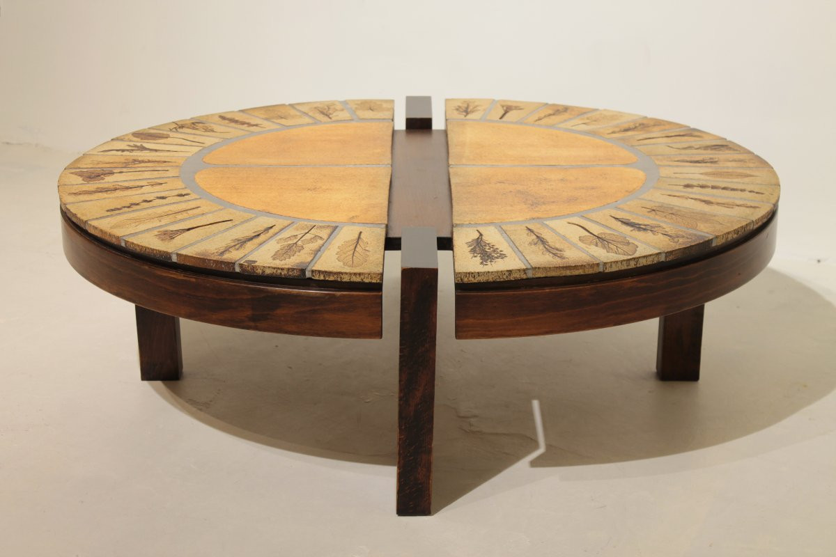 Round Coffee Table With Herbarium By Roger Capron, Vallauris - Ceramic And Wooden Frame-photo-3