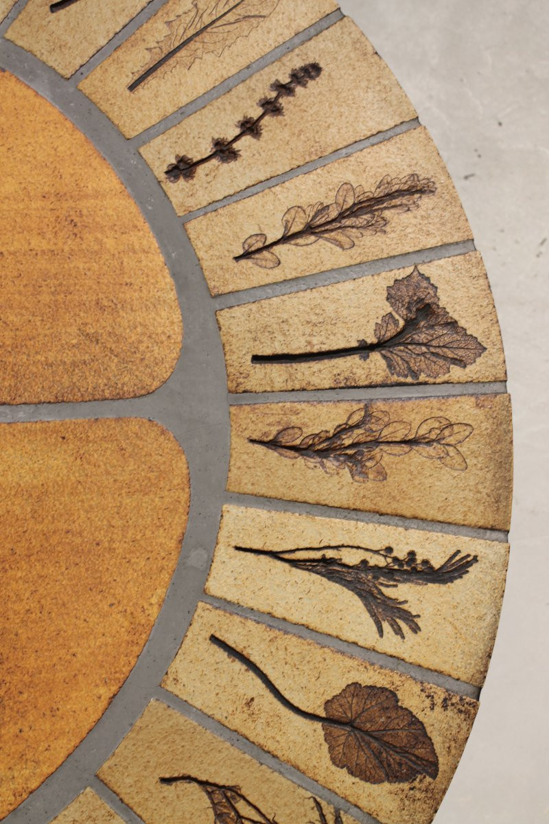 Round Coffee Table With Herbarium By Roger Capron, Vallauris - Ceramic And Wooden Frame-photo-4