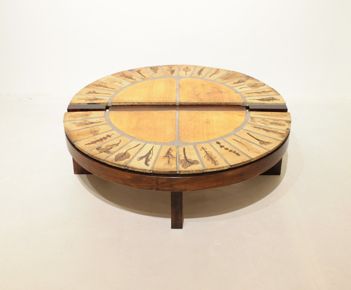 Round Coffee Table With Herbarium By Roger Capron, Vallauris - Ceramic And Wooden Frame