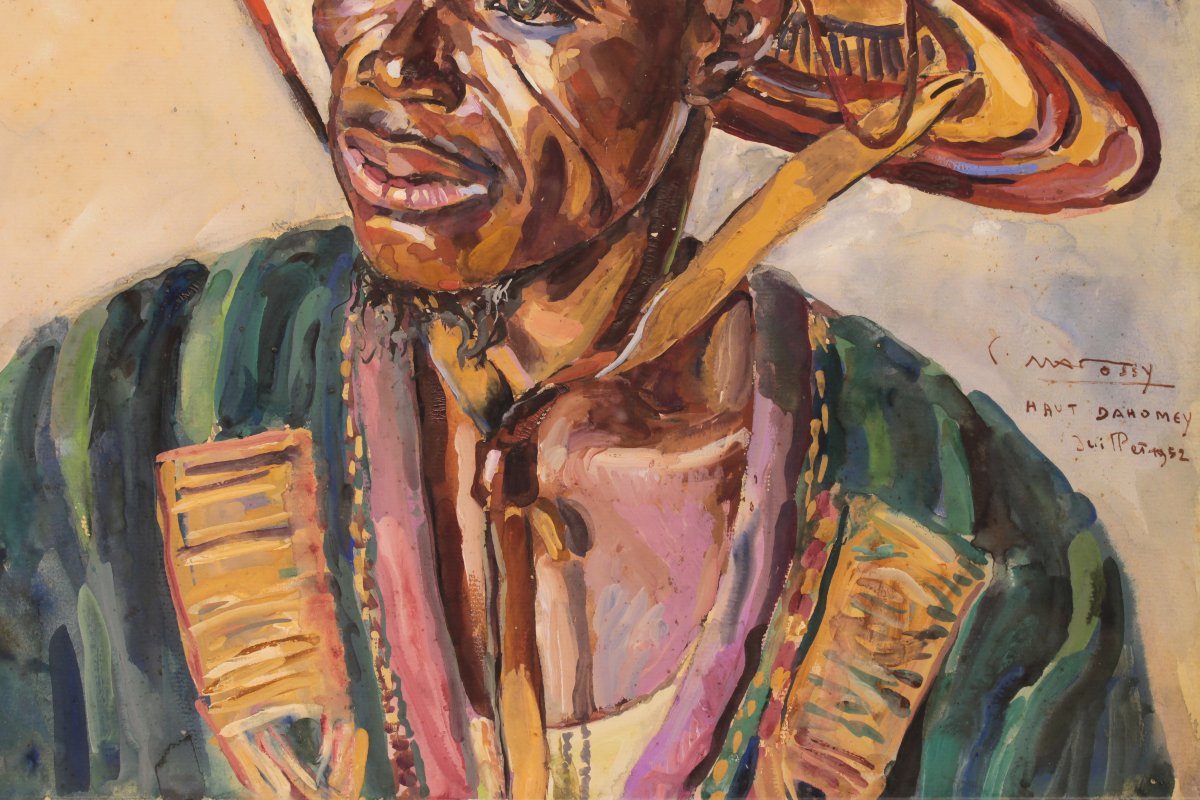 Grand portrait d'un Béninois au chapeau traditionnel de Pierre Matossy (1891-1969)-photo-1
