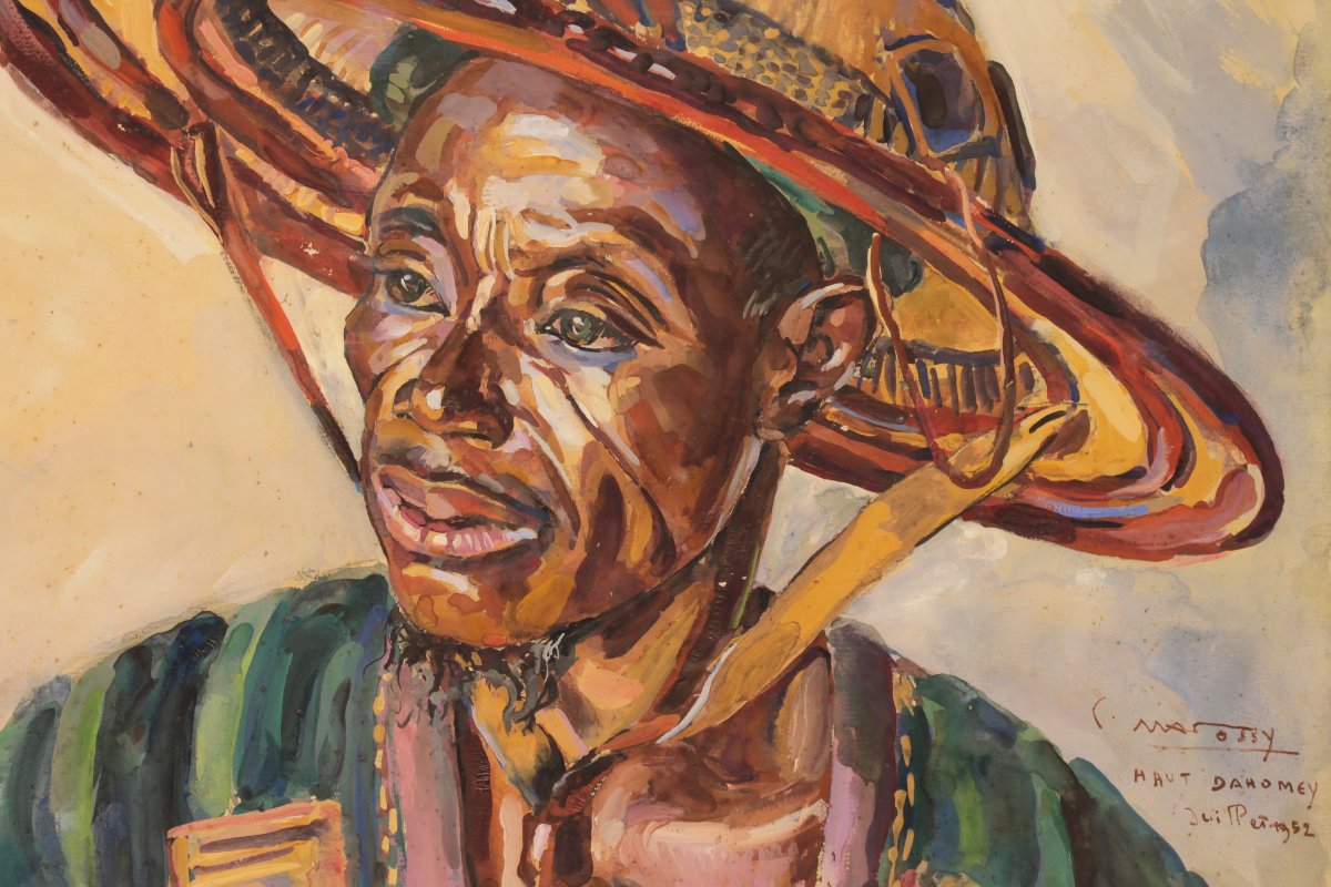 Grand portrait d'un Béninois au chapeau traditionnel de Pierre Matossy (1891-1969)-photo-2