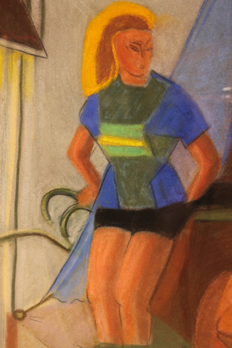 Pastel By Marceau Constantin Titled "models With Cyclist, Paris," 1951.-photo-2