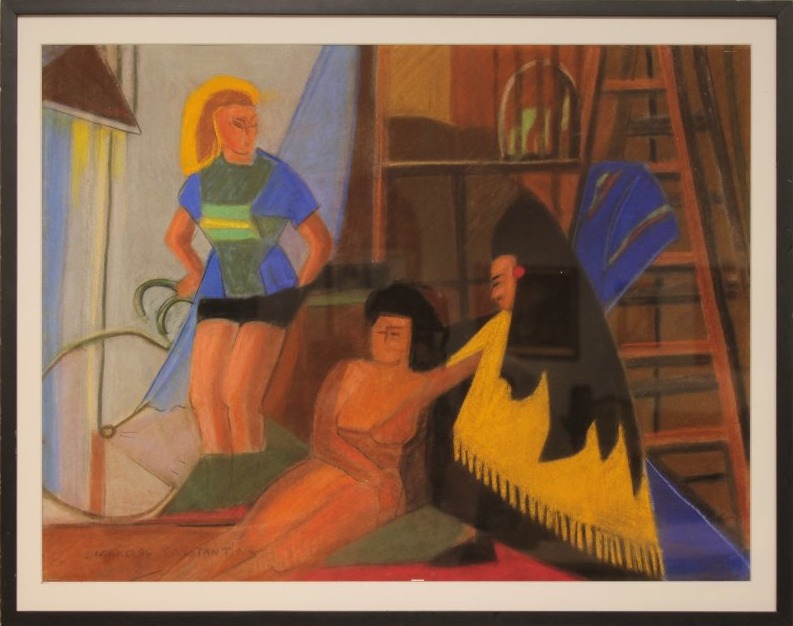 Pastel By Marceau Constantin Titled "models With Cyclist, Paris," 1951.