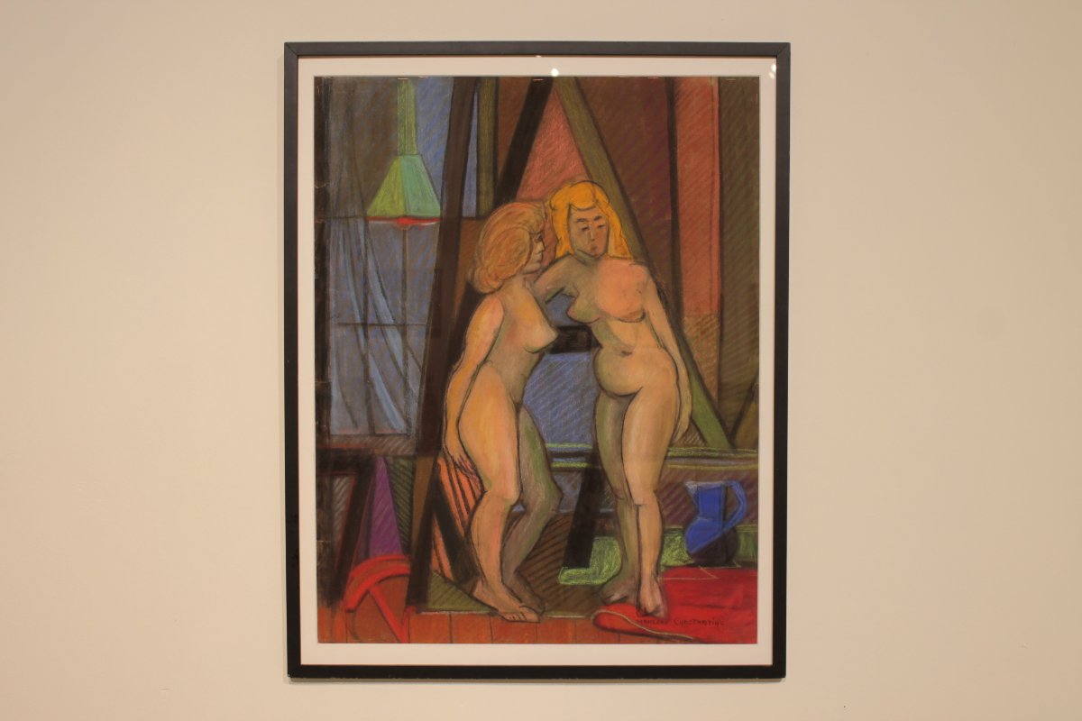 Pastel By Marceau Constantin Titled "les Deux Modèles Du Vert-galant – Paris," 1955.-photo-2
