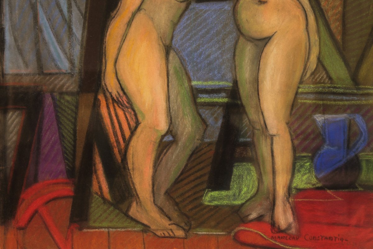 Pastel By Marceau Constantin Titled "les Deux Modèles Du Vert-galant – Paris," 1955.-photo-4